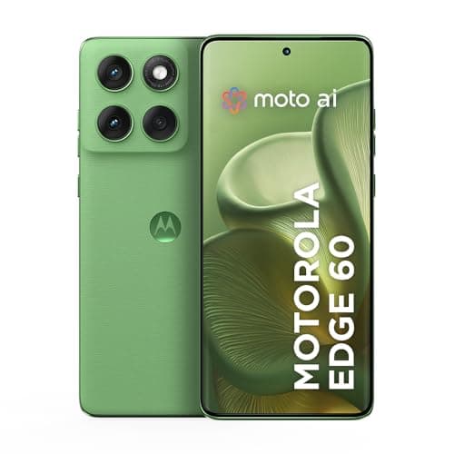 Smartphone Motorola Edge 60 5G verde com três câmeras na traseira e tela com nome do modelo