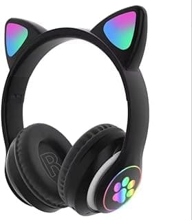 Fone de ouvido infantil com design de gato, preto com LED multicolorido, botão com impressão de pata de gato.