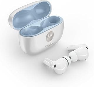 Fone de ouvido sem fio Motorola Moto Buds 2 Plus com estojo de carregamento aberto e fone de ouvido branco
