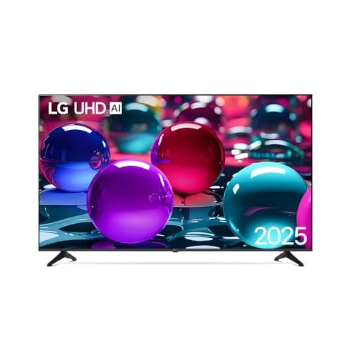 Smart TV LG 4K 43'' com tela multicolorida de esferas, marca LG e UHD AI visível.