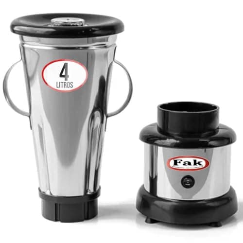 Liquidificador 4 Litros Alta Rotação 127v com copo em aço inoxidável e base preta com logotipo FAK