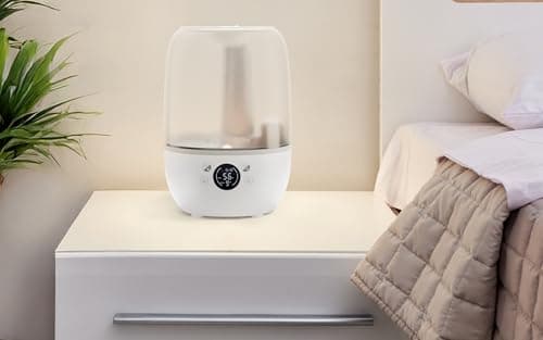 Umidificador de ar WAP Air Flow branco em mesa de cabeceira, digital e silencioso.