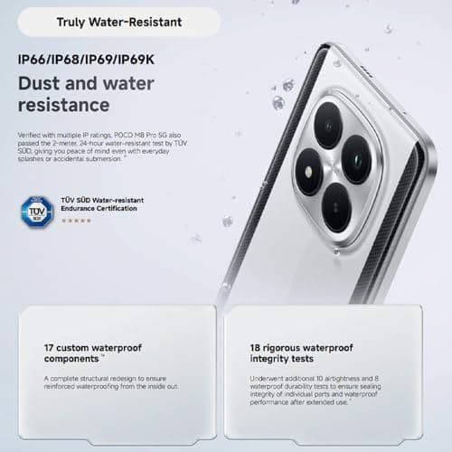 Smartphone Xiaomi Poco M8 Pro 256GB 8GB RAM prata com resistência à água e certificação TÜV.