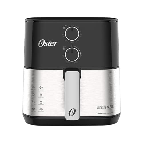 Fritadeira sem óleo Oster 127V - OFRT520, preto e prata, com controles rotativos e botões de função.
