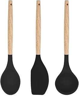 Kit Utensílios de Cozinha 3 Peças, Concha, Colher e Espátula de Silicone com Cabo de Madeira (Preto)