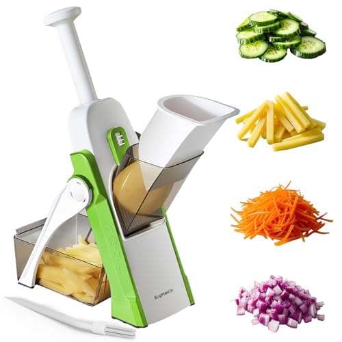 Fatiador de mandoline seguro SupMaKin para cozinha, verde e branco, com maçã, cenoura e cebola cortadas