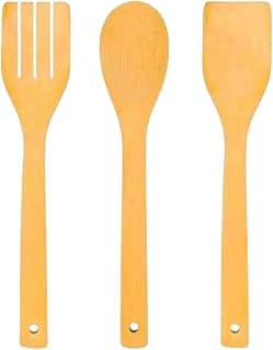 Jogo de Talheres em Bambu 3 Peças - Garfo, Colher e Espátula - Utensílios Naturais para Cozinha