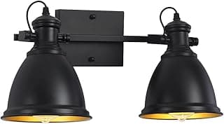 Arandela de parede dupla preta vintage com luzes internas e fio, persiana de metal, estilo pescoço de ganso.