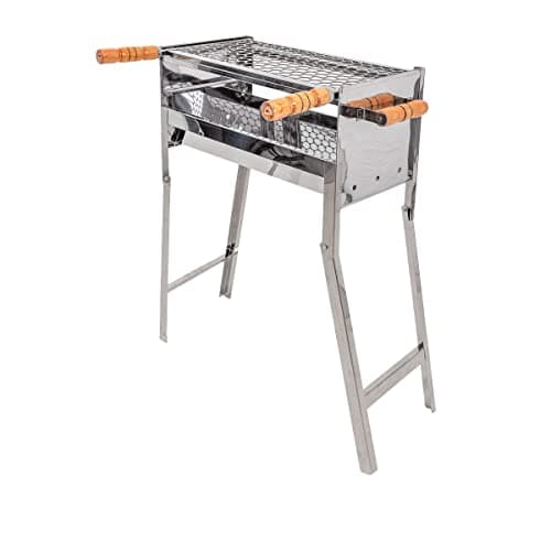 Churrasqueira Portátil em Inox com Alças de Madeira Grelha Removível