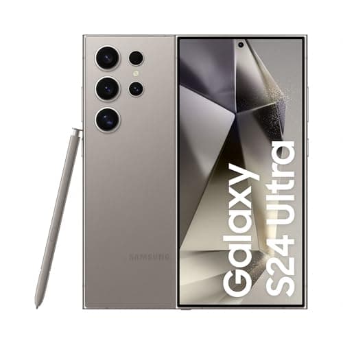Smartphone Samsung Galaxy S24 Ultra em Titânio Cinza com câmera traseira e tela reflexiva
