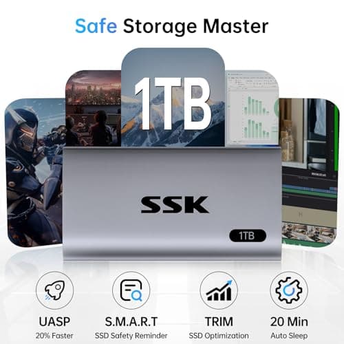 SSD Externo SSK 1TB cinza e preto com destaque para 1TB de armazenamento e várias funcionalidades.