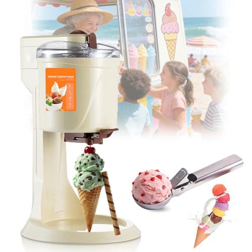 Máquina de sorvete de mesa com coletor de bolas removível e lavável, produzindo sorvetes verdes e rosas, crianças comendo sorvetes na praia.