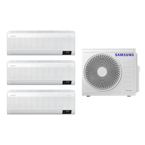 Ar Condicionado Tri-Split Samsung WindFree 24.000 BTUs com WiFi 220V, três unidades interiores e uma unidade exterior branca