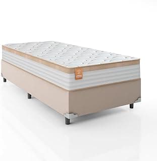 Cama box de solteiro com colchão de molas ensacadas, tamanho 88x188x65cm, branco e bege, suporta até 130kg