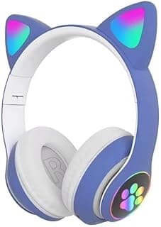 Fone de ouvido infantil com design de gatinho azul e branco, LED colorido e ajuste ajustável.