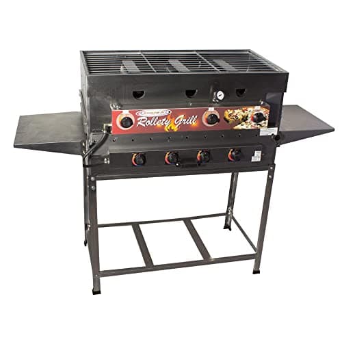 Forno a gás para pizza Roletty Grill Itajobi, aço preto com detalhes vermelhos, controles e placa indicativa.