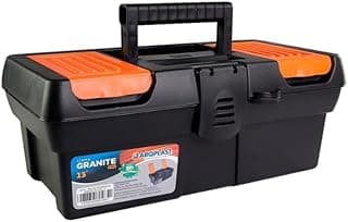 Caixa organizadora de ferramentas preta e laranja com alça e trava, marca Jaroplast Granite 13