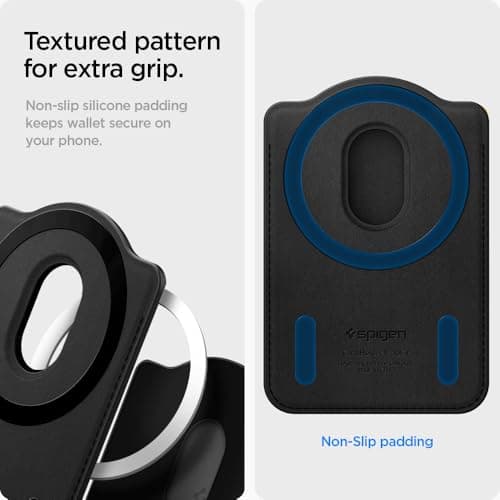 Carteira Magsafe para Cartões Spigen Magfit preta com textura e almofada antiderrapante.