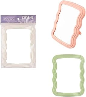 Três espelhos quadrados de maquiagem em plástico PP e vidro, 14cm x 1,5cm x 18,5cm, cores rosa e verde.