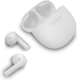Fones de ouvido Philips brancos com estojo de carregamento aberto