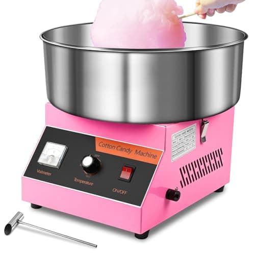 Mini máquina de algodão doce rosa em ação com colher de metal
