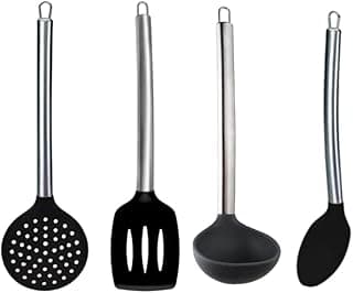 Jogo de utensílios de cozinha preto e prata com cabo metálico