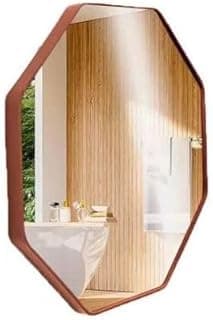 Espelho octogonal decorativo com borda marrom para banheiro, lavabo, quarto ou sala, 40cm com suporte, caramelo.