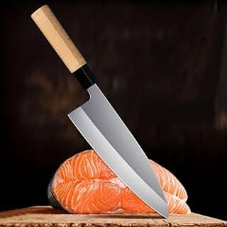 Faca deba japonesa de 20 cm com lâmina de aço carbono sobre salmão