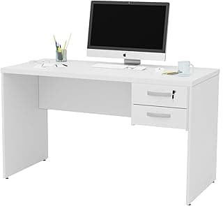 Mesa Reta 120x60cm com 2 Gavetas (1 com Fechadura), Tampo MDP 30mm Reforçado, Acabamento em Borda ABS, Escrivaninha para Escritório Corporativo e Home Office Netmobil (Branco)