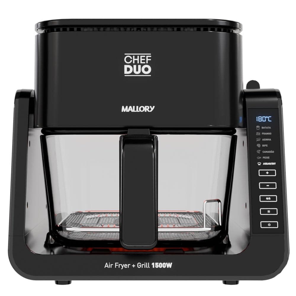 Fritadeira Elétrica Mallory Chef Duo 2 em 1 (Air Fryer e Grill) - 1500W, Temperatura até 200°C, Cuba de Vidro Temperado com 4L, Cesto para Grill em Aço Inox com 1,5L - 220V