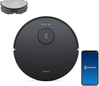 Aspirador e esfregão robô ECOVACS DEEBOT N20, preto, com tampa de recarga e smartphone.