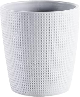 Vaso de cerâmica cinza e branco com textura em relevo, frontal, fundo branco