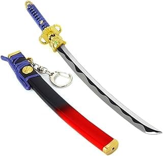 Espada de brinquedo de artes marciais com cabo azul e vermelho, lâmina prateada e gradiente vermelho a preto, chaveiro de metal anexado ao cabo.