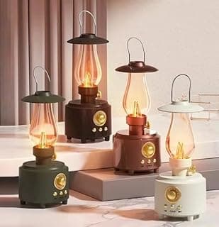 Luminárias de mesa LED retrô com caixa de som Bluetooth, cores verde, marrom, branco e preto, luzes acesas, fundo neutro