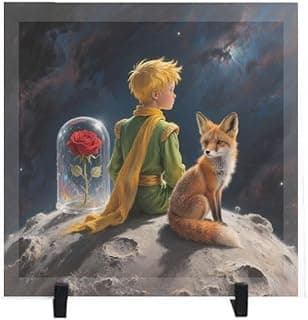 Quadro decorativo de mesa 'O Pequeno Príncipe' com raposa e rosa em globo
