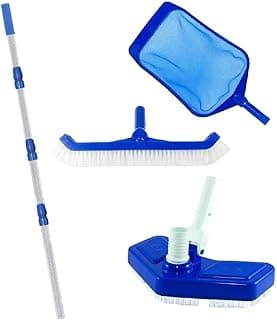 Kit completo para limpeza de piscina com aspirador, peneira e escova azul e branco