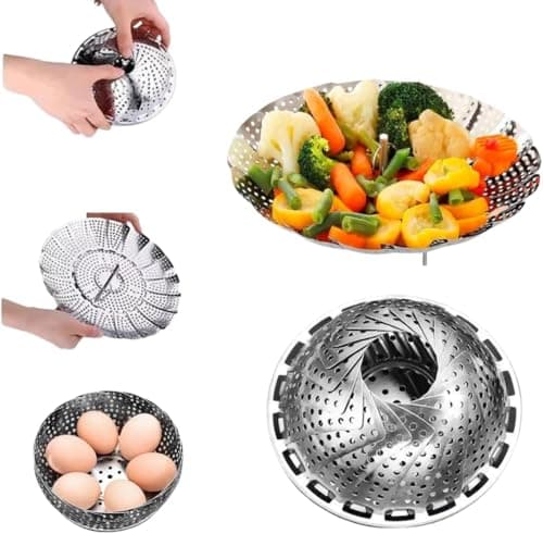 Cesto cozedor retrátil de inox para legumes e verduras, mostrando a estrutura espiral e uso prático.