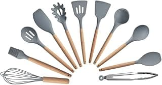 Jogo de utensílios de cozinha em silicone e madeira cinza-escuro com cabos de madeira, 12 peças
