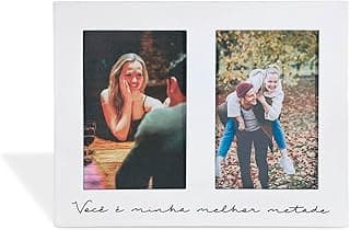 Porta-retrato branco com moldura preta, frase 'Você é minha melhor metade', duas fotos verticais 10x15cm