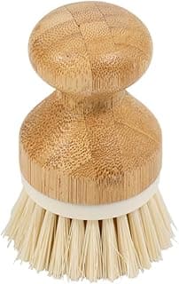 Escova de limpeza redonda com cabo de bambu, cerdas brancas