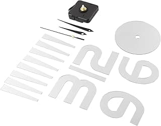 Kit de peças para montagem de relógio, incluindo mecanismo, ponteiros e discos brancos e pretos.