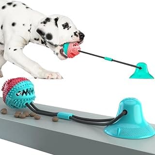 Brinquedo interativo para cães com bola vermelha e branca, corda azul e turquesa, ventosa e cabo de guerra