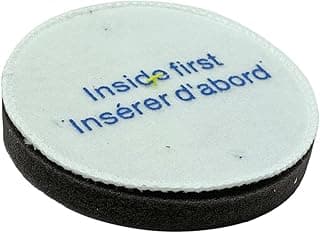 Filtro HEPA cilíndrico branco com espuma lavável, texto azul 'Inside first insérer d'abord'.