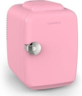 CROWNFUL Mini geladeira, 4 litros/6 latas refrigerador portátil e aquecedor pessoal para cuidados com a pele, cosméticos, bebidas, alimentos, ótimo para quarto, escritório, carro, dormitório, listado pela ETL (rosa)