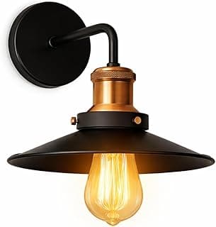 Arandela industrial preta e cobre com cúpula e base metálica, iluminada por lâmpada incandescente