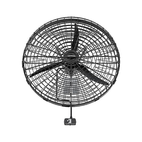 Ventilador de parede preto industrial Ventisol de 1 metro, com pás de metal e fundo branco.