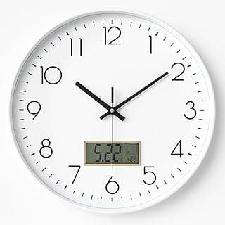 Relógio de Parede Silencioso 30cm | Analógico Moderno Minimalista com Números em Relevo, Painel LCD Data e Temperatura, Silencioso Sem Tique-Taque | Para Sala Escritório Cozinha Quarto (BRANCO)