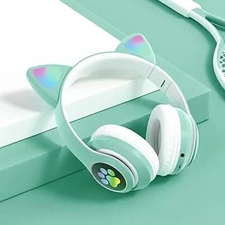 Fone de Ouvido Bluetooth Infantil com Orelhas de Gato LED RGB Dobrável Ajustável Verde