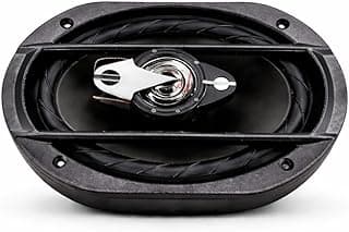 Alto-falante 6x9 preto com detalhes em prata, design circular e grelha protetora.