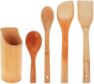 Conjunto de utensílios de cozinha em bambu, 5 peças, colheres e espátulas com suporte para servir e cozinhar